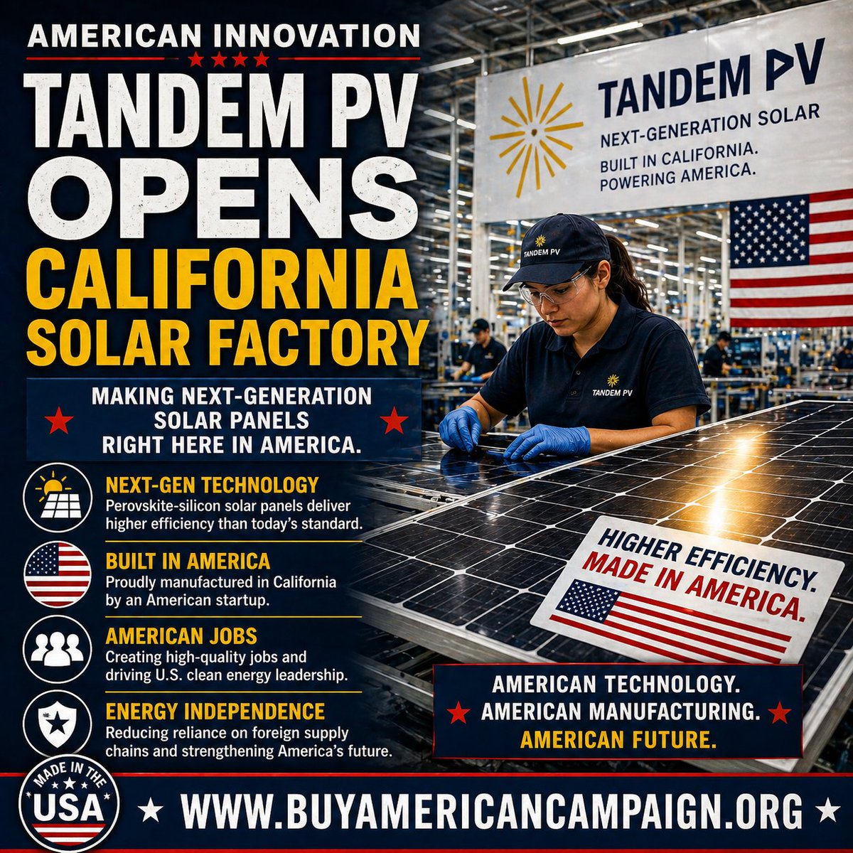 buyamericancamp's tweet image. American startup Tandem PV opened a 65K-sq-ft solar factory in Fremont, CA — next-gen perovskite-silicon panels at 29.7% efficiency. American innovation taking on foreign solar dominance. ☀️🇺🇸

buyamericancampaign.org/tandem-pv-frem…

#BuyAmerican #MadeInUSA
