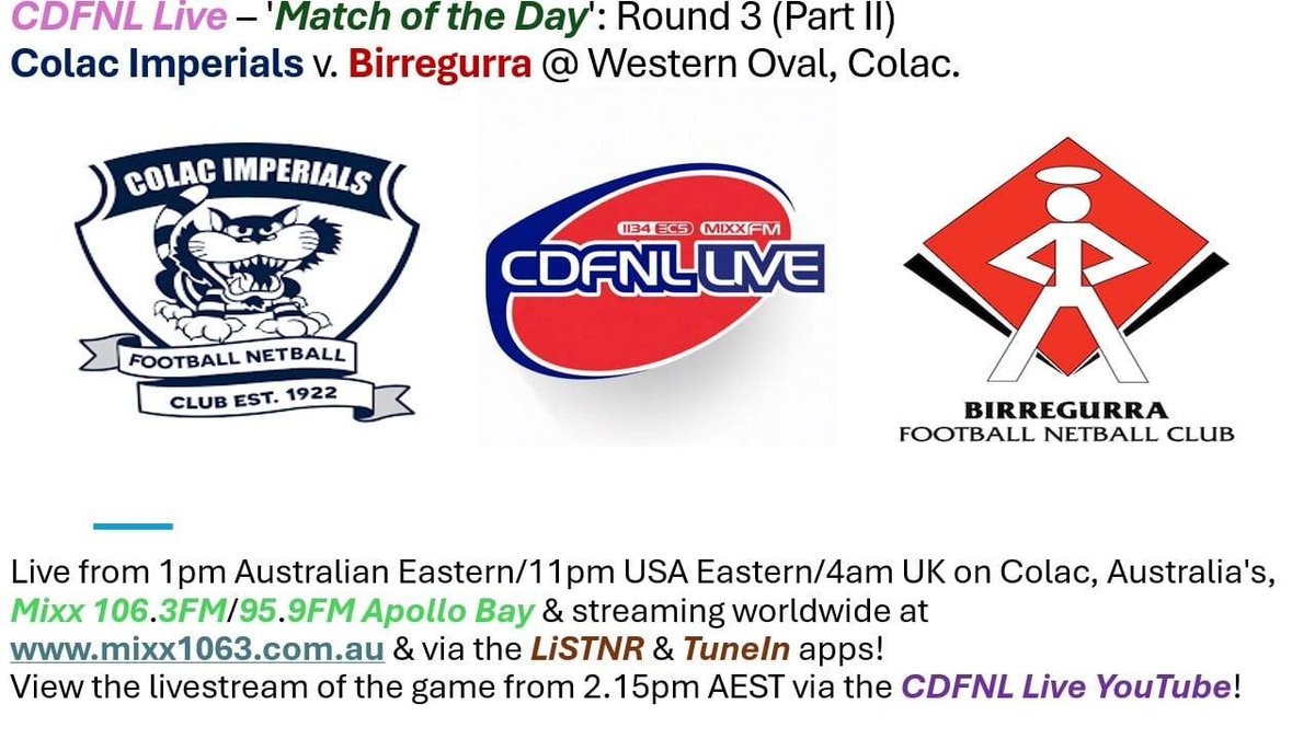 AJBrady_Sports's tweet photo. #CDFNLLive 'Match of the Day' - Round 3 (Part II):
🏈#ColacImperials v. #Birregurra @ Western Oval, Colac.
🕰️1pm Australian Eastern/11pm USA Eastern/4am UK.
📻💻📱@Mixx1063 FM Colac/95.9FM Apollo Bay, worldwide at https://t.co/GLh6tiSd6A &amp; via the @LiSTNRau &amp; @TuneIn apps! https://t.co/mkZewmKLtH