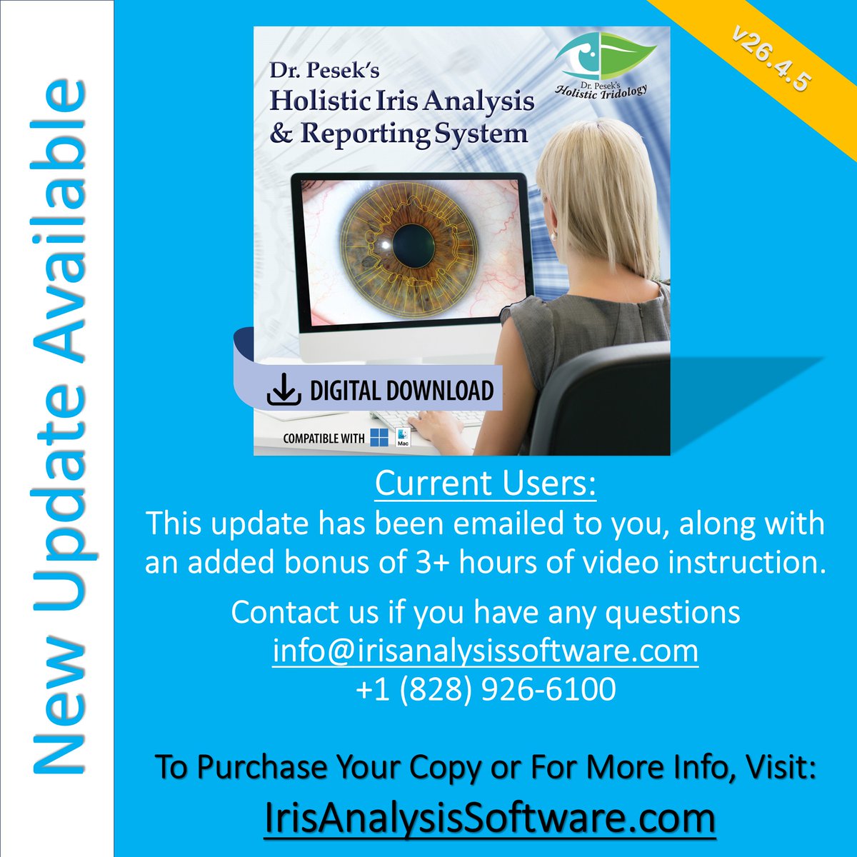 DrPesek's tweet photo. The newest version of Dr. Pesek’s Holistic Iris Analysis &amp; Reporting System Software (v26.4.5) is now available. Current Users: check your email, as the update has been sent. If you have any questions, please email info@IrisAnalysisSoftware.com or Call/WhatsApp +1 (828) 926-6100. https://t.co/CX4oT5ELkz