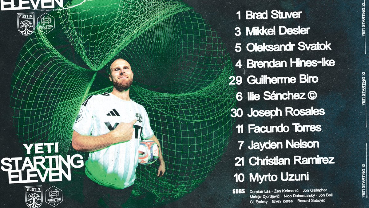 AustinFC's tweet photo. Tonight's Starting XI to take on Houston!

#AustinFC x @YETICoolers https://t.co/rRamhut2ZV