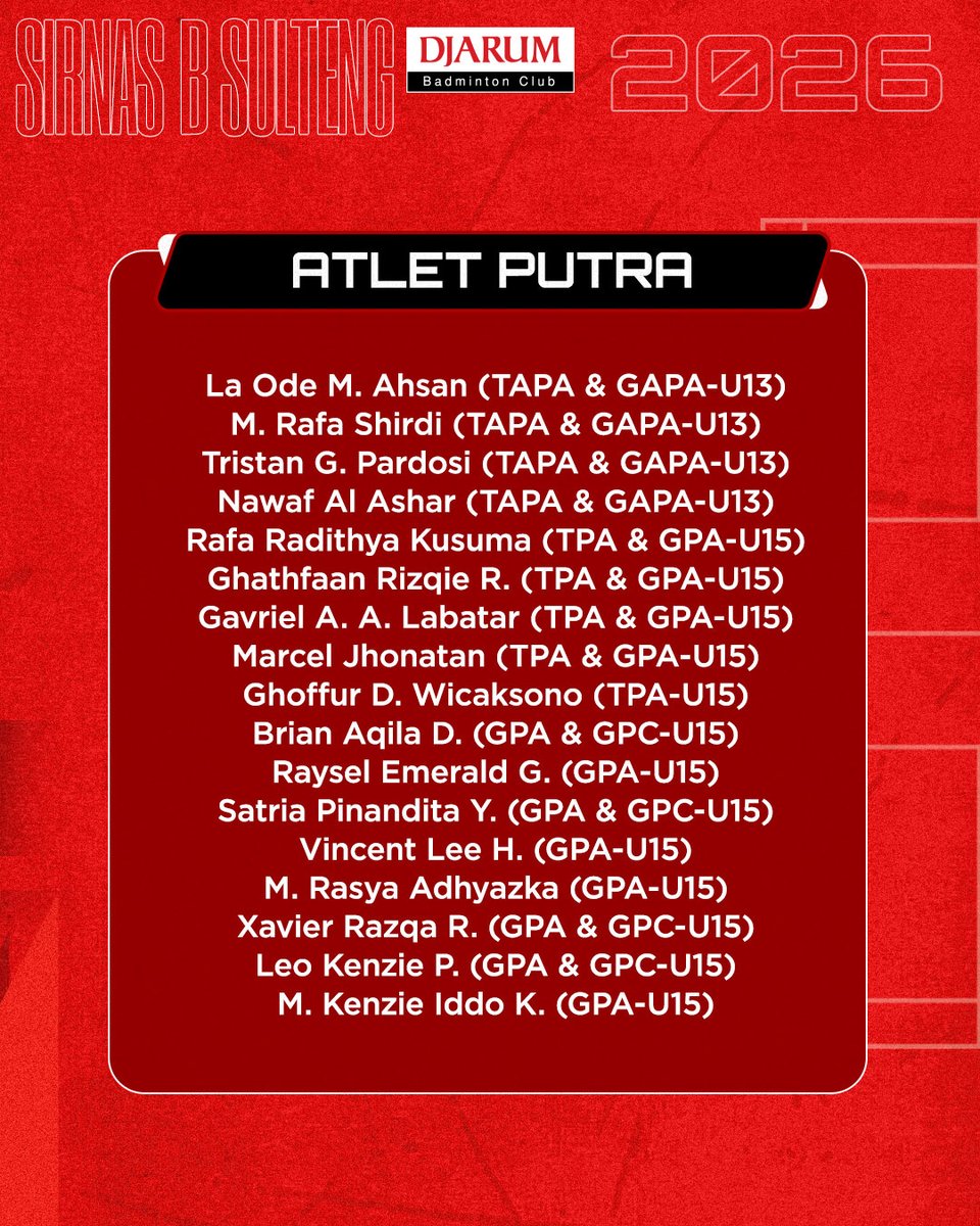 PBDjarum's tweet image. Mulai besok #SirnasBSulteng2026 akan berlangsung di Palu! Berikut daftar atlet PB Djarum yang akan bertanding yah, Sobat! ​

Doain PB Djarum bisa bawa pulang gelar juara, yah! 🙏 ​

#tournament #TeruskanSemangatJuara