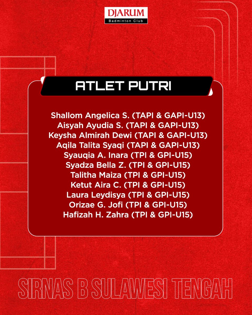 PBDjarum's tweet image. Mulai besok #SirnasBSulteng2026 akan berlangsung di Palu! Berikut daftar atlet PB Djarum yang akan bertanding yah, Sobat! ​

Doain PB Djarum bisa bawa pulang gelar juara, yah! 🙏 ​

#tournament #TeruskanSemangatJuara