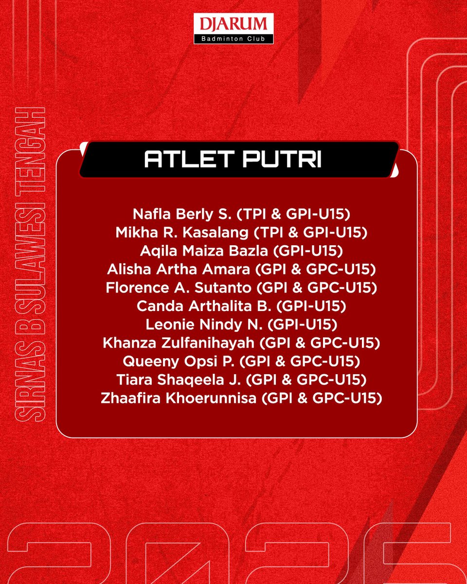 PBDjarum's tweet image. Mulai besok #SirnasBSulteng2026 akan berlangsung di Palu! Berikut daftar atlet PB Djarum yang akan bertanding yah, Sobat! ​

Doain PB Djarum bisa bawa pulang gelar juara, yah! 🙏 ​

#tournament #TeruskanSemangatJuara