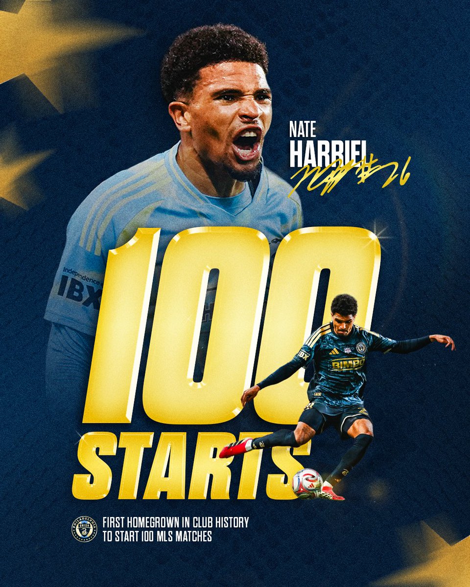 PhilaUnion's tweet photo. First Homegrown in club history to hit 💯 @MLS starts 🙌

#DOOP | @nateharriel https://t.co/pDJwLThdqz