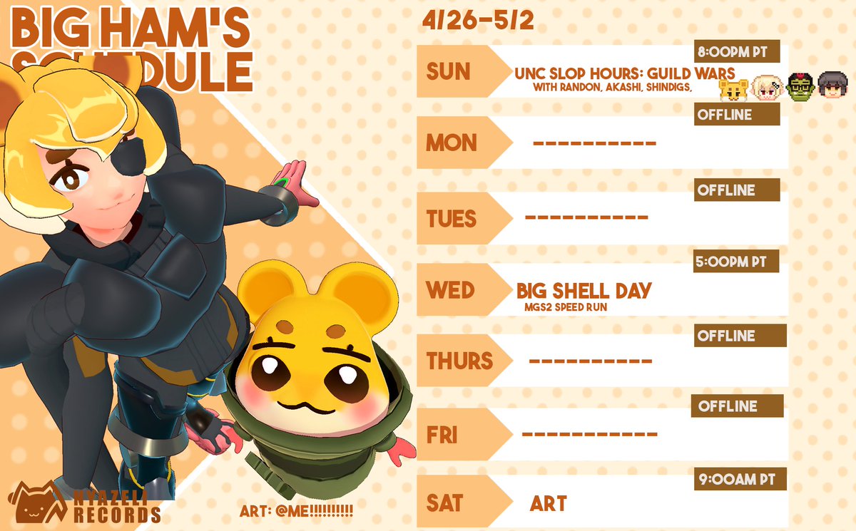 BIGHAM_vt's tweet photo. 👊[ WEEK OF 4/26-5/2 Schedule ]
🎨art tag: #bighamART
🎬clips tag: #CLIPHAM
General tag: #BIGHAM #BIGHAM_vt

Celebrating Big Shell Day on 4/29 with our annual MGS2 speedrun and a new Solidus outfit! https://t.co/y8ER8oV1Rd
