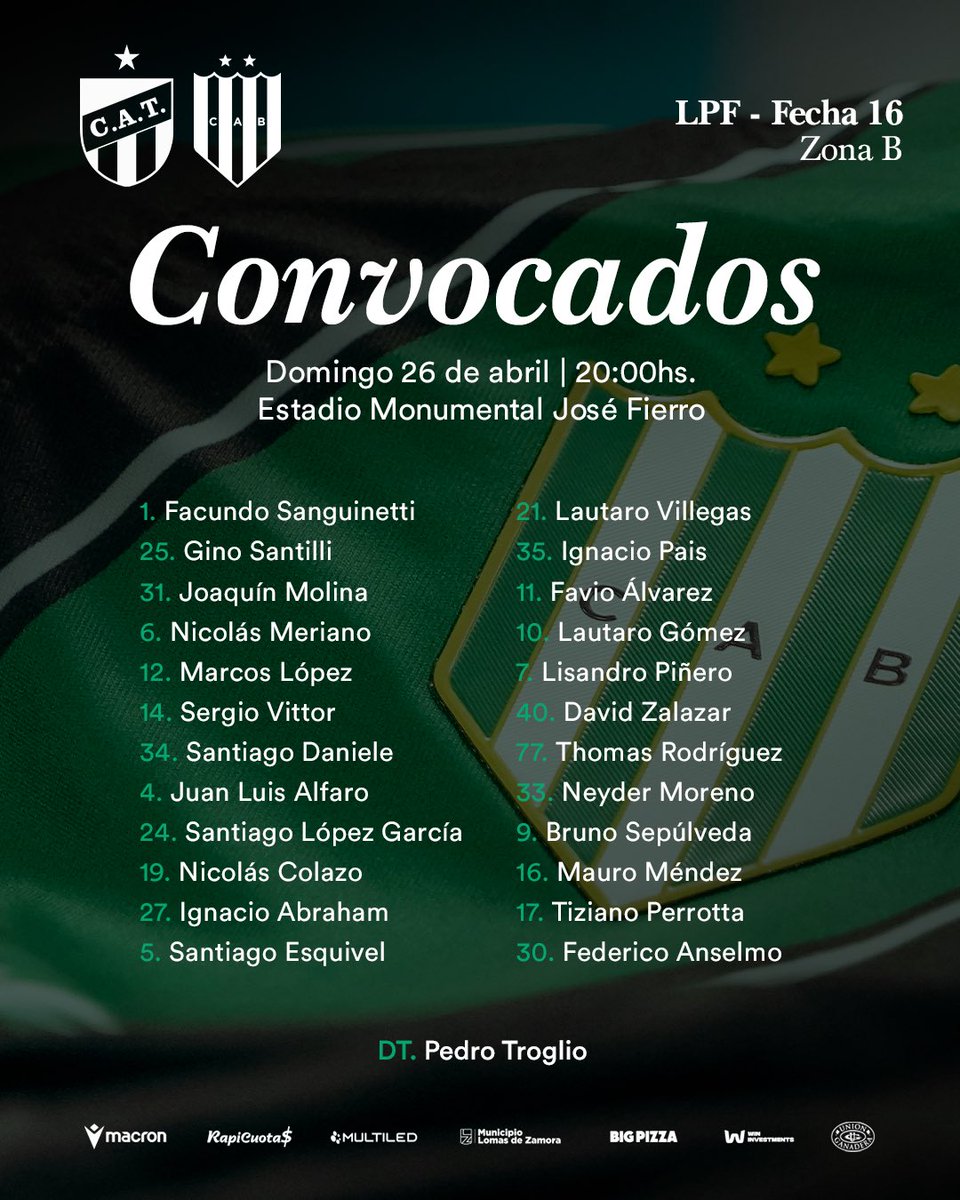 𝐂𝐨𝐧𝐯𝐨𝐜𝐚𝐝𝐨𝐬 📋 para visitar a Atl. Tucumán por la fecha 16 del Torneo Apertura 2026.

• Danilo Arboleda sufrió una distensión de recto anterior de cuádriceps derecho.

#EnBanfieldJugamosTodos 🇳🇬