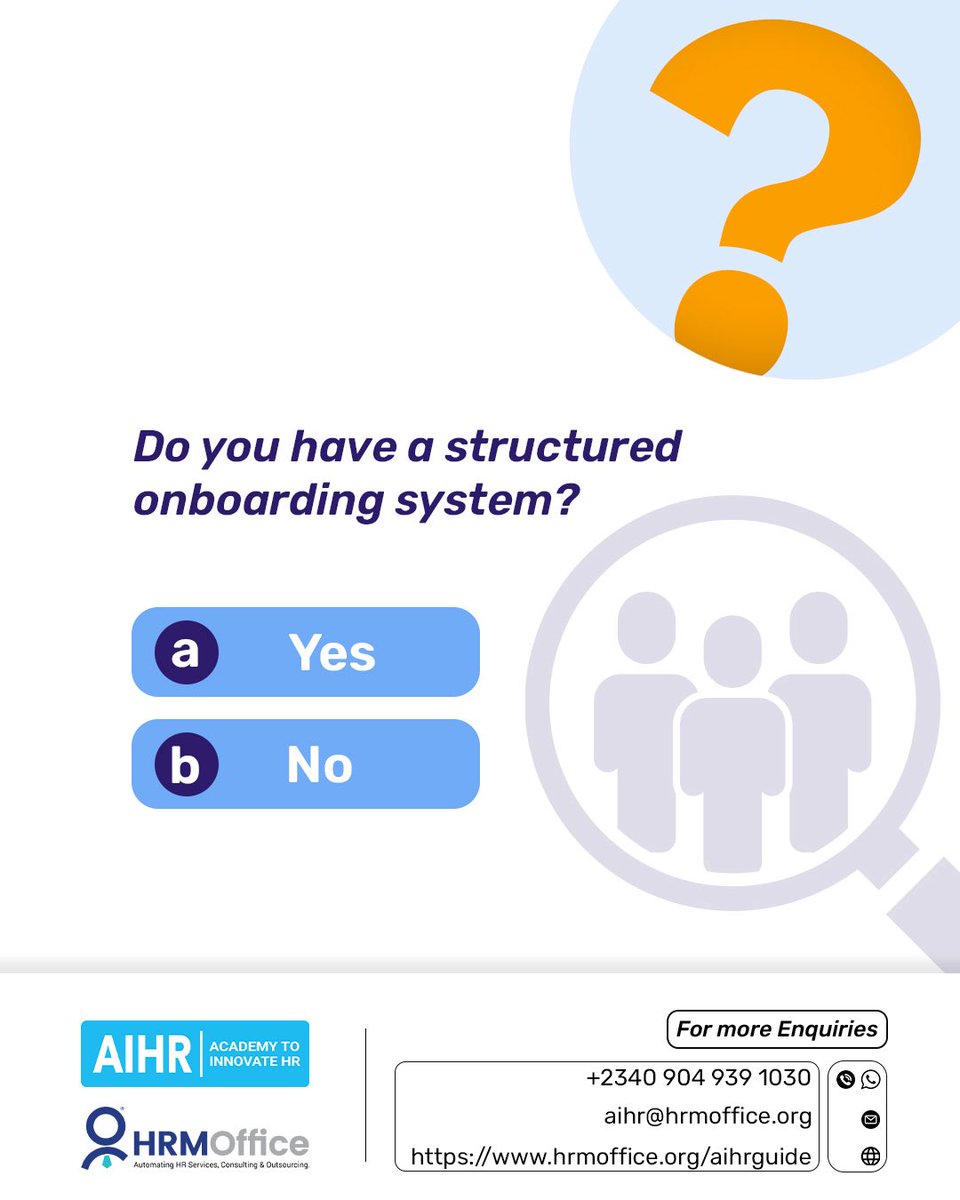 HRMOffice_'s tweet image. A good onboarding process helps employees settle in better, understand their role clearly and become productive faster.

Do you currently have a structured onboarding system in your organization? 👇

A — Yes
B — No

We’d love to hear from you.

#Onboarding #HR #EmployeeExperience