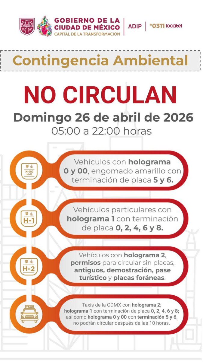HoyNoCircula_mx's tweet photo. 📣 ¡ojo #ContingenciaAmbiental! 🚗
Este domingo 26 de abril del 2026 se activa Contingencia Ambiental por ozono.
Evita multas y revisa qué autos no circulan.
Info con @locatel_mx y @AmbienteEdomex https://t.co/bCl5531o00