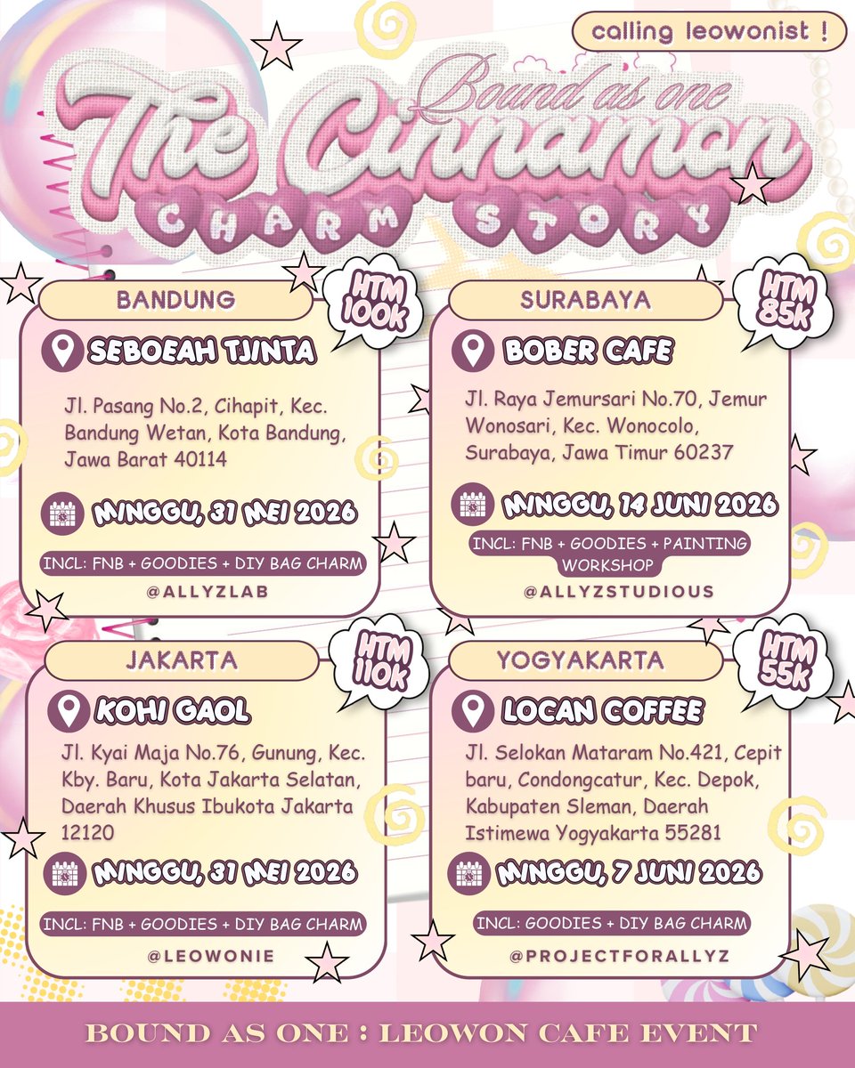 leowonuwu's tweet photo. 𑣲 2026 LEOWON Cafe Event ⊹ ࣪ ˖
⌗ Bound As One :
The Cinnamon Charm Story

𖦹 Jakarta
𖦹 Bandung
𖦹 Surabaya
𖦹 Yogyakarta

RSVP here!
🖇️: https://t.co/W3tDj0eoJW

⁦#BoundAsOne⁩ ⁦#TheCinnamonCharmStory⁩ 
⁦#LEO⁩ ⁦ ⁦#SANGWON⁩ https://t.co/bffcYRlZ1F