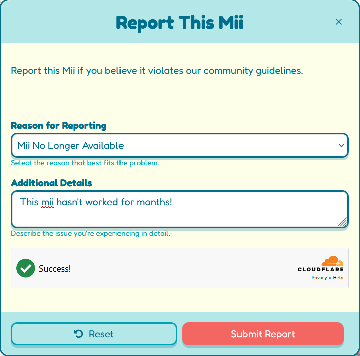miipedia's tweet photo. We've heard your complaints and seen the jokes and recognize the problem. Simply put, there are a lot of Mii on Miipedia that just don't work anymore. Now, you can hit "Report" and "Mii no longer available" to send this to our verification queue. We WILL clean these Mii up! https://t.co/ehVeT4ciim
