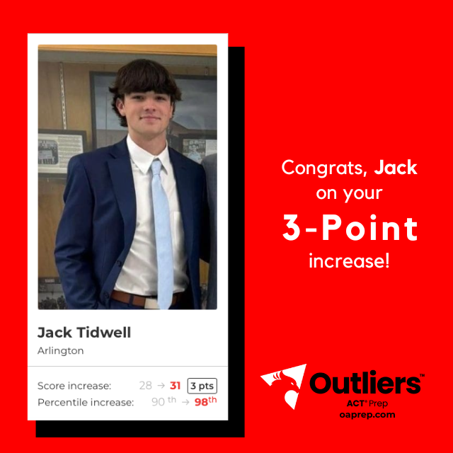 ACTprep's tweet image. Congrats to Jack Tidwell from Arlington High School for increasing 3 points from a 28 to a 31! #act #college #actprep #ACT #tutoring #studentsuccess