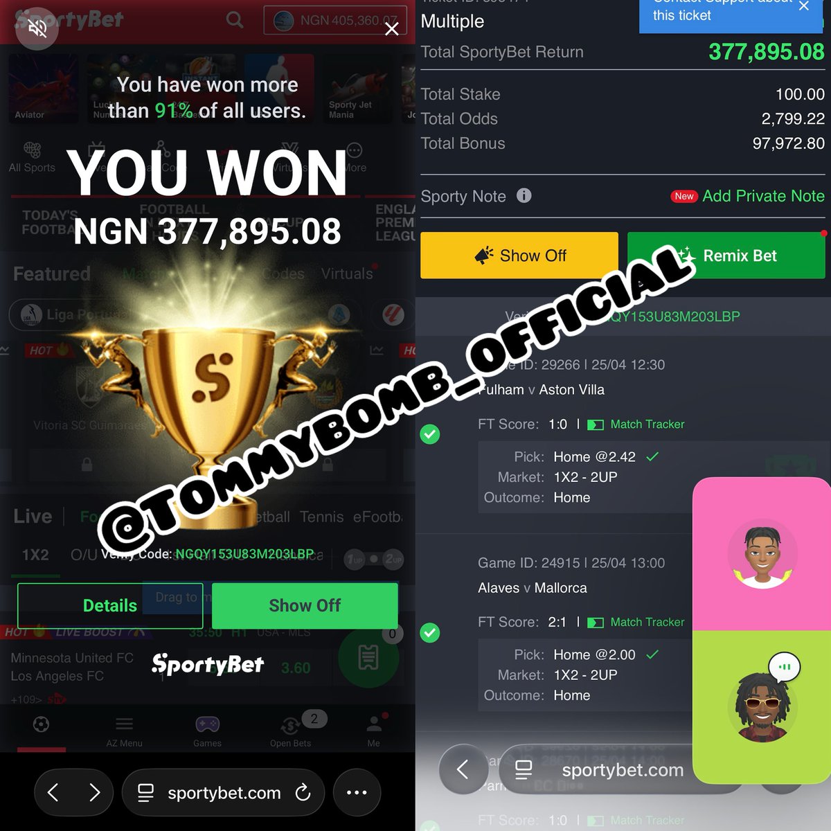 Tommybomb8's tweet photo. @sportingking365 Won 2,799 odds 🎉✅ follow for small giveaway https://t.co/0X5aJ6DouD