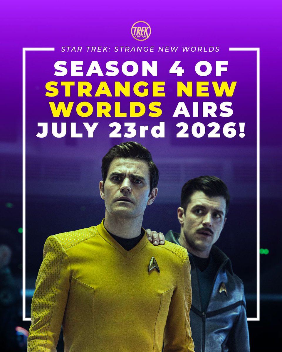 TheTrekCentral's tweet image. 🤎 BREAKING - #StrangeNewWorlds Season 4 Premieres July 23rd!

Along with a new teaser and pictures, Paramount+ confirmed that the fourth season would air on July 23rd 2026. 

Episodes will air weekly from there onwards.

#StarTrek #CCXP