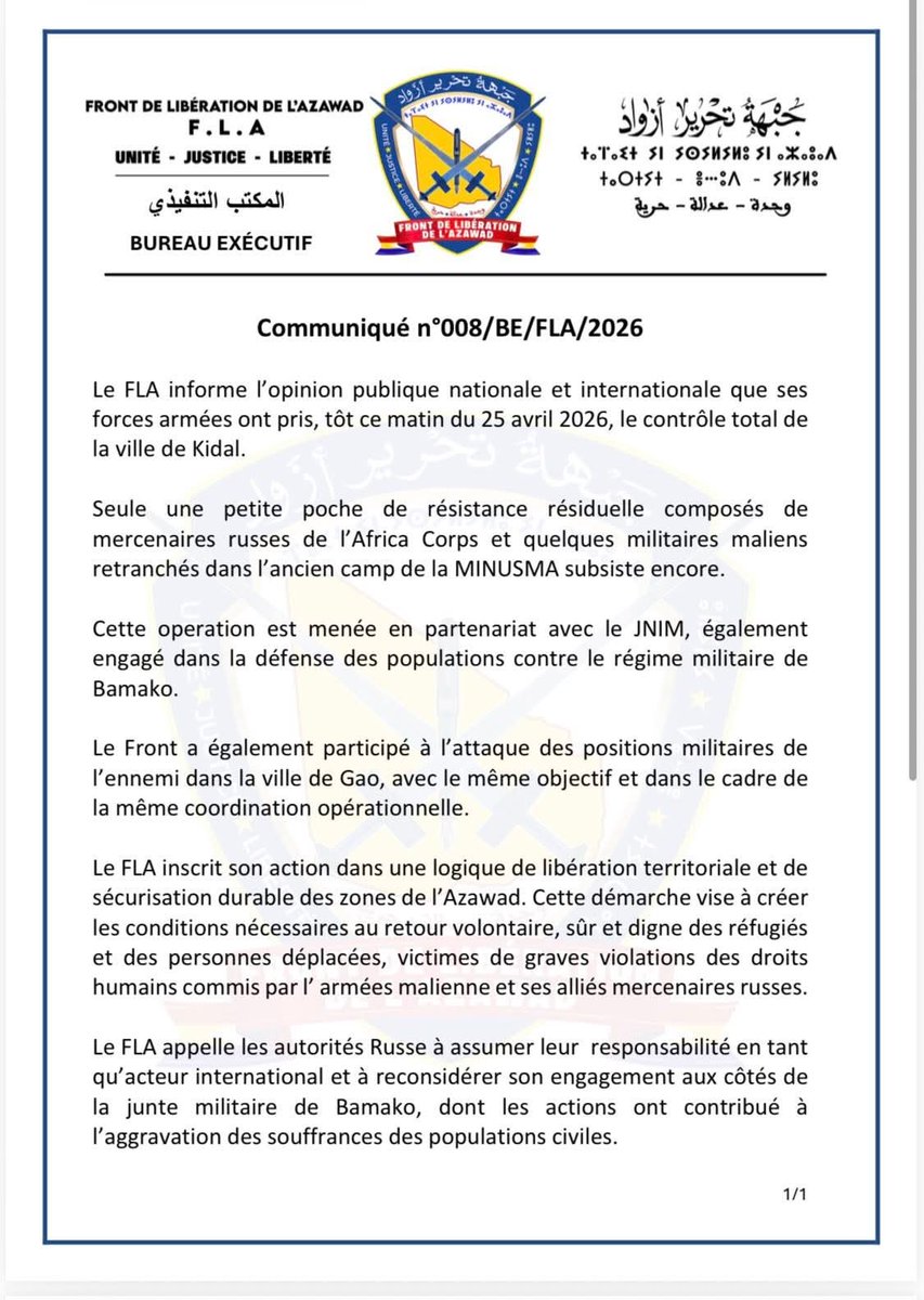 aboubacarybarma's tweet photo. #Mali #Kidal #FLA
Dans un communiqué, le #Front de Libération de l'#Azawad (#FLA) dit avoir pris le "contrôle total" de la ville de #Kidal, lors d'une opération menée avec le #JNIM. A #Gao aussi, le front dit avoir collaboré avec le #GSIM (JNIM). https://t.co/FITrWQIZZw