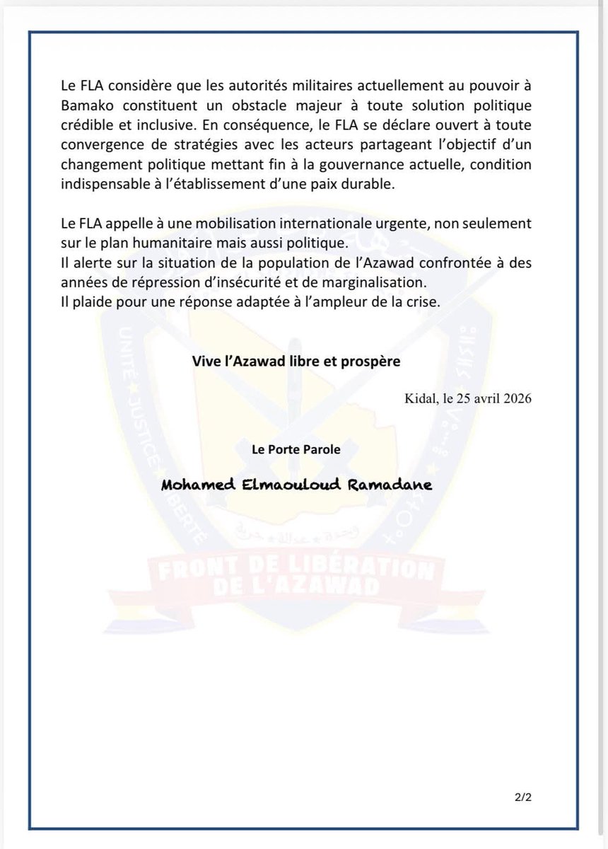 aboubacarybarma's tweet photo. #Mali #Kidal #FLA
Dans un communiqué, le #Front de Libération de l'#Azawad (#FLA) dit avoir pris le "contrôle total" de la ville de #Kidal, lors d'une opération menée avec le #JNIM. A #Gao aussi, le front dit avoir collaboré avec le #GSIM (JNIM). https://t.co/FITrWQIZZw