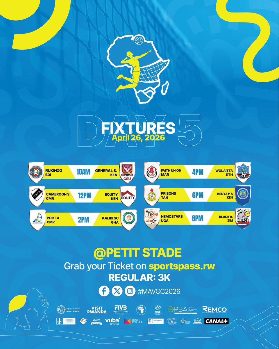 UwihirwePatric1's tweet image. #Volleyball: Kuri iki Cyumweru, harakomeza imikino y’umunsi wa 5 wa Shampiyona Nyafurika iri gukinirwa mu Mujyi wa Kigali ku nshuro ya 47.

Harakinwa imikino 12 irimo 6 muri Pt Stade Amahoro n’indi 6 muri BK Arena, guhera 10am.

@theupdaterwanda 
@Rw_Volleyball 
#MAVCC2026
#RwOT