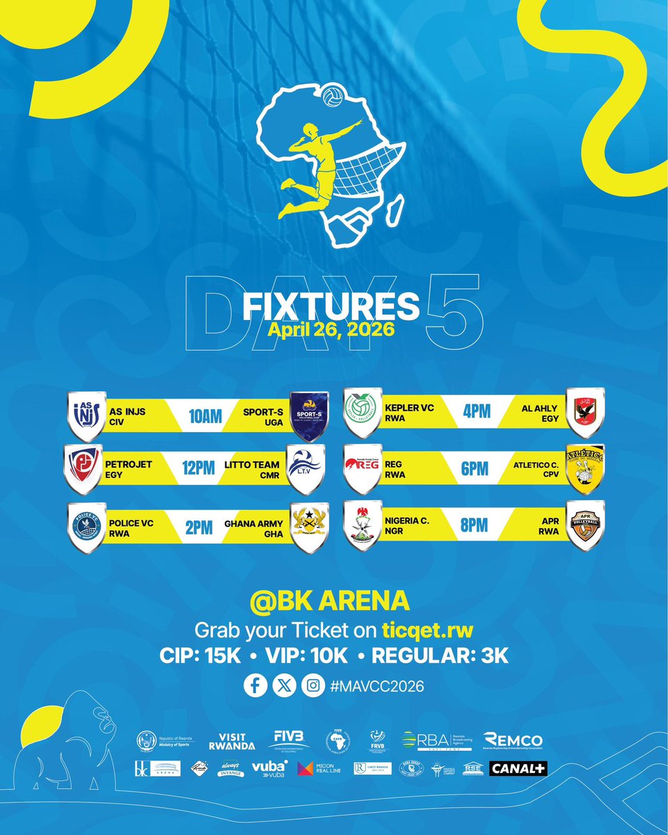 UwihirwePatric1's tweet image. #Volleyball: Kuri iki Cyumweru, harakomeza imikino y’umunsi wa 5 wa Shampiyona Nyafurika iri gukinirwa mu Mujyi wa Kigali ku nshuro ya 47.

Harakinwa imikino 12 irimo 6 muri Pt Stade Amahoro n’indi 6 muri BK Arena, guhera 10am.

@theupdaterwanda 
@Rw_Volleyball 
#MAVCC2026
#RwOT