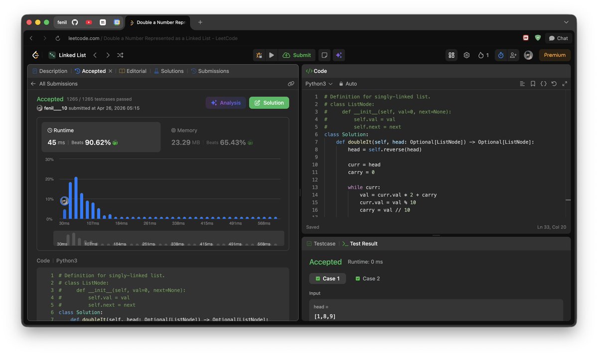 fenil_10's tweet photo. Day 71 / 100 — Linked List + Math

Solved:
• Double a Number Represented as a Linked List

Reversed the list, handled digit-wise multiplication with carry, then rebuilt the answer. Classic simulation with clean pointer work.

#100DaysOfCode #LeetCode #DSA 🚀 https://t.co/geLl9P7Rvt