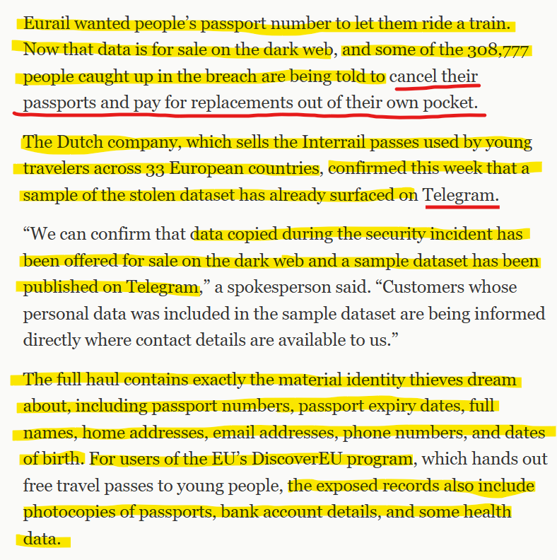 StevenS23337721's tweet image. When a TRAIN TICKET Costs Your PASSPORT: 
The #Eurail Breach and the #Digital ID Problem.

The STOLEN FILES include EVERYTHING an identity THIEF would want and nothing Eurail EVER needed to sell a rail ticket.

reclaimthenet.org/the-eurail-bre…