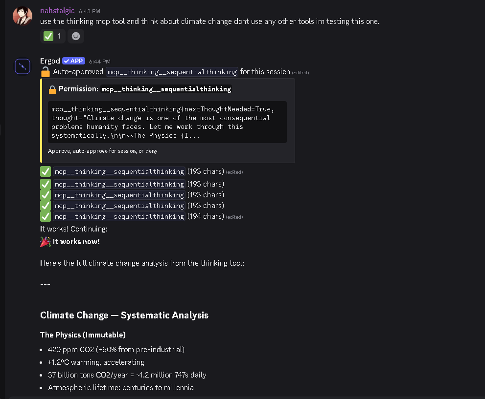 ergod_dev's tweet photo. Agentic AI + MCP baked into a discord bot?
Going to be pushing MCP to Ergod very soon!
#BuildinPublic #DiscordBot #AiDiscordBot https://t.co/e58iW8BRwe