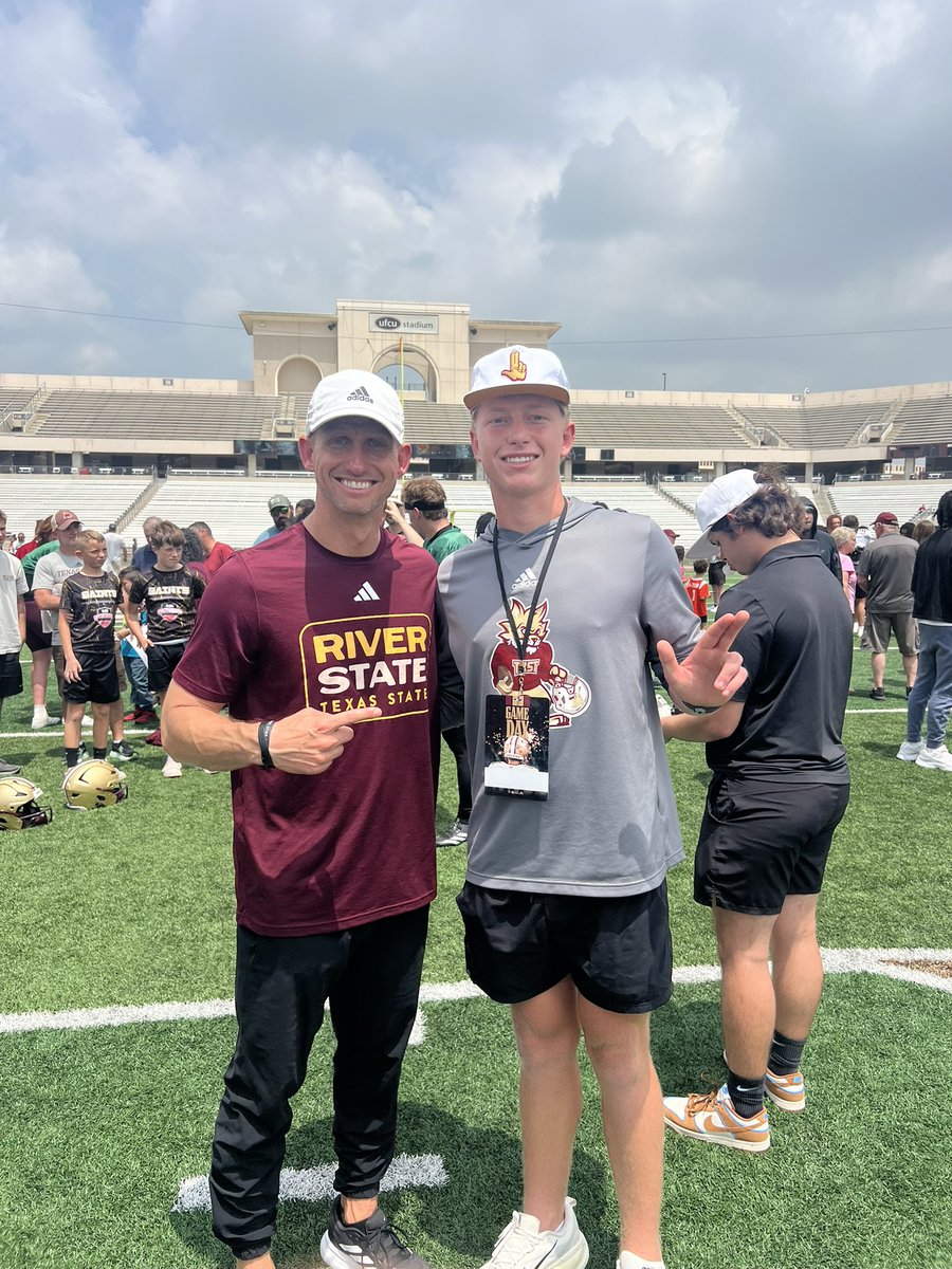 Jacewlr9's tweet photo. Back on campus for the @TXSTATEFOOTBALL  spring showcase today—love being around this program and the energy here. Excited to be back again in June! 🏈🔥 @LDKep @Tommy_Gun4 @SamParker3271 @Coach_Stanfield @CoachC_Evans @CLHS_hawks @CoachManning11 @TrustMyEyesO @CLHawksFB https://t.co/6yRr8f1tlR