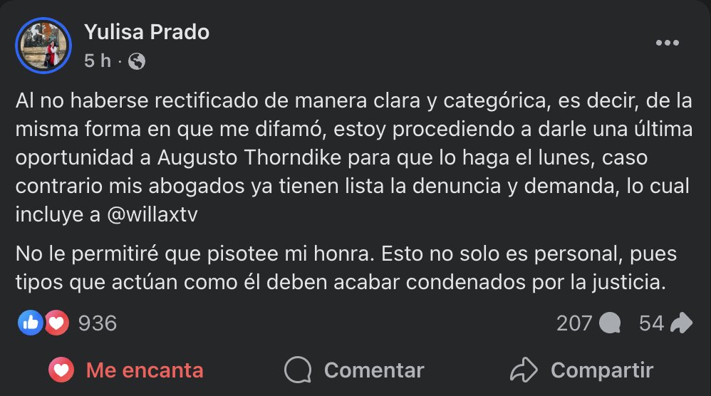 Pronunciamiento de Yulisa Prado, difamada por Augusto Thorndike y Willax: deben rectificarse públicamente.
Solidaridad con Yulisa.