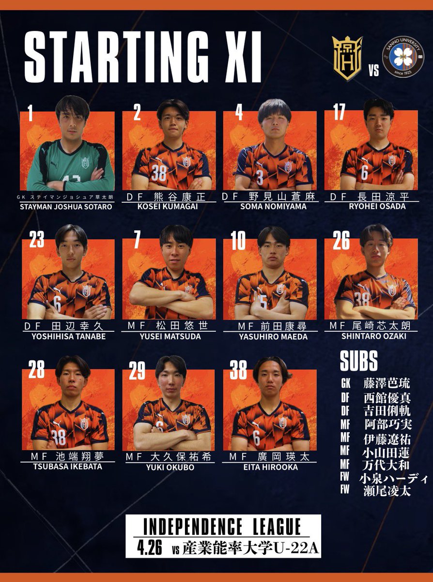 🔸𝑺𝑻𝑨𝑹𝑻𝑰𝑵𝑮 𝑿𝑰🔸

GK
#ステイマンジョシュア草太郎
DF
#熊谷康正
#野見山蒼麻
#長田涼平
#田辺幸久
MF
#松田悠世
#前田康尋
#尾崎芯太朗
#池端翔夢
#大久保祐希
#廣岡瑛太

🏆Iリーグ 第2節
🆚産業能率大学U-22A
🕙10:00kickoff
🏟法政大学城山サッカー場
📺 youtube.com/live/21aplORFD…