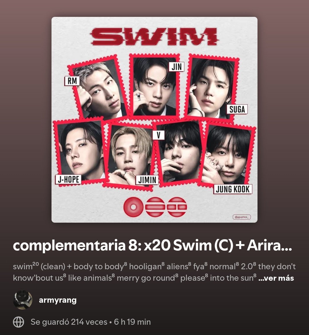 Les ofrezco este ✨️combo✨️ de playlist, al usar ambas están haciendo:

x120 Swim
x40 No.29
x20 Arirang explicit

1:open.spotify.com/playlist/6Ry07…
2:open.spotify.com/playlist/3MSRI…