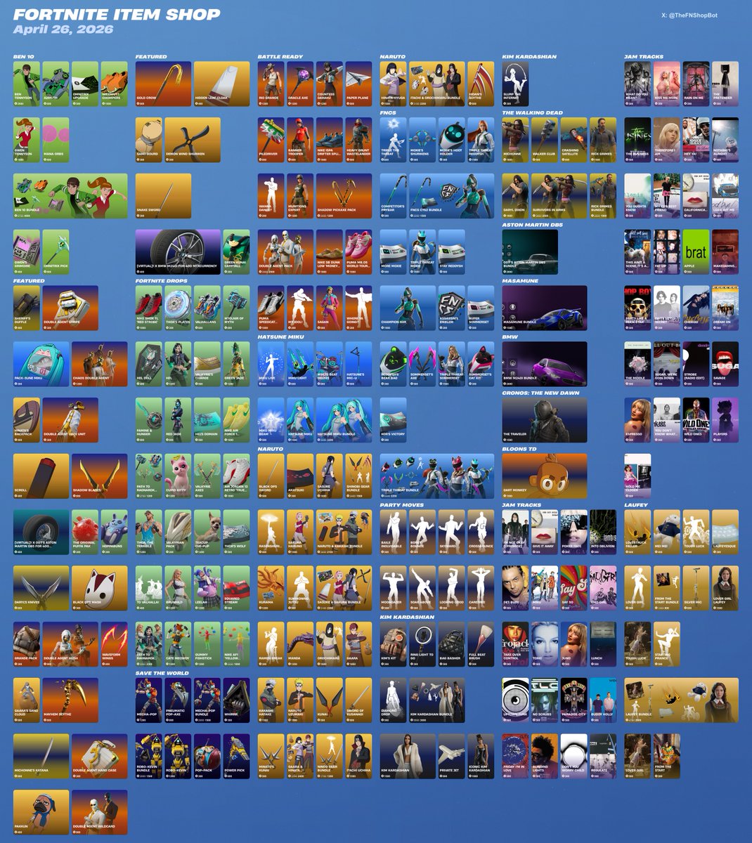 TheFNShopBot's tweet image. April 26, 2026 Fortnite Item Shop is live. #fortnite #fortnitebr