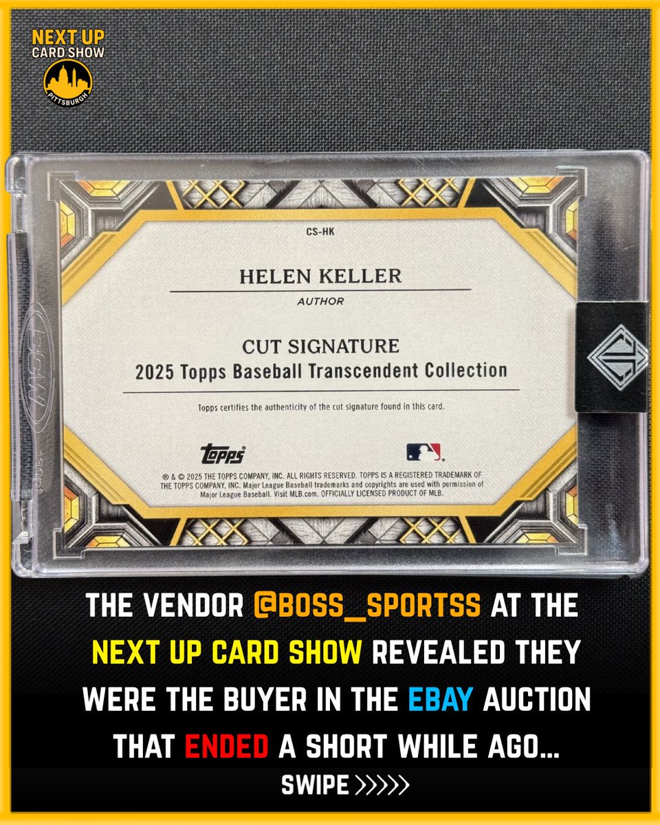 nextupcardshow's tweet photo. OWNER REVEALED: Hellen Keller Topps Signature Cut Card Owner Revealed at Next Up Card Show after Vendor Boss Sports brings VIRAL Card to the show. #hellenkeller #thehobby #nextupcardshow #topps https://t.co/QqedZpmRnU