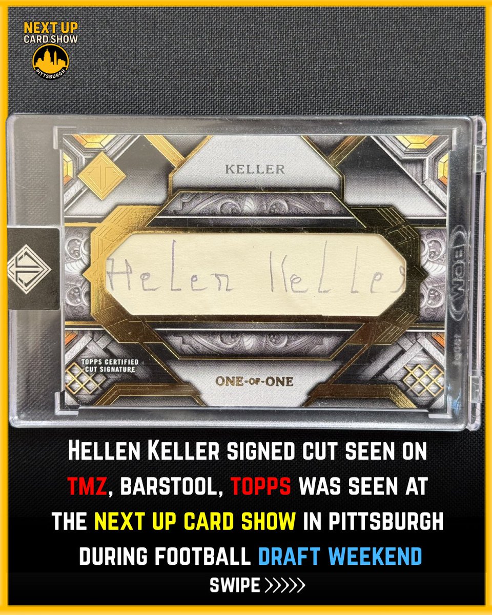 nextupcardshow's tweet photo. OWNER REVEALED: Hellen Keller Topps Signature Cut Card Owner Revealed at Next Up Card Show after Vendor Boss Sports brings VIRAL Card to the show. #hellenkeller #thehobby #nextupcardshow #topps https://t.co/QqedZpmRnU