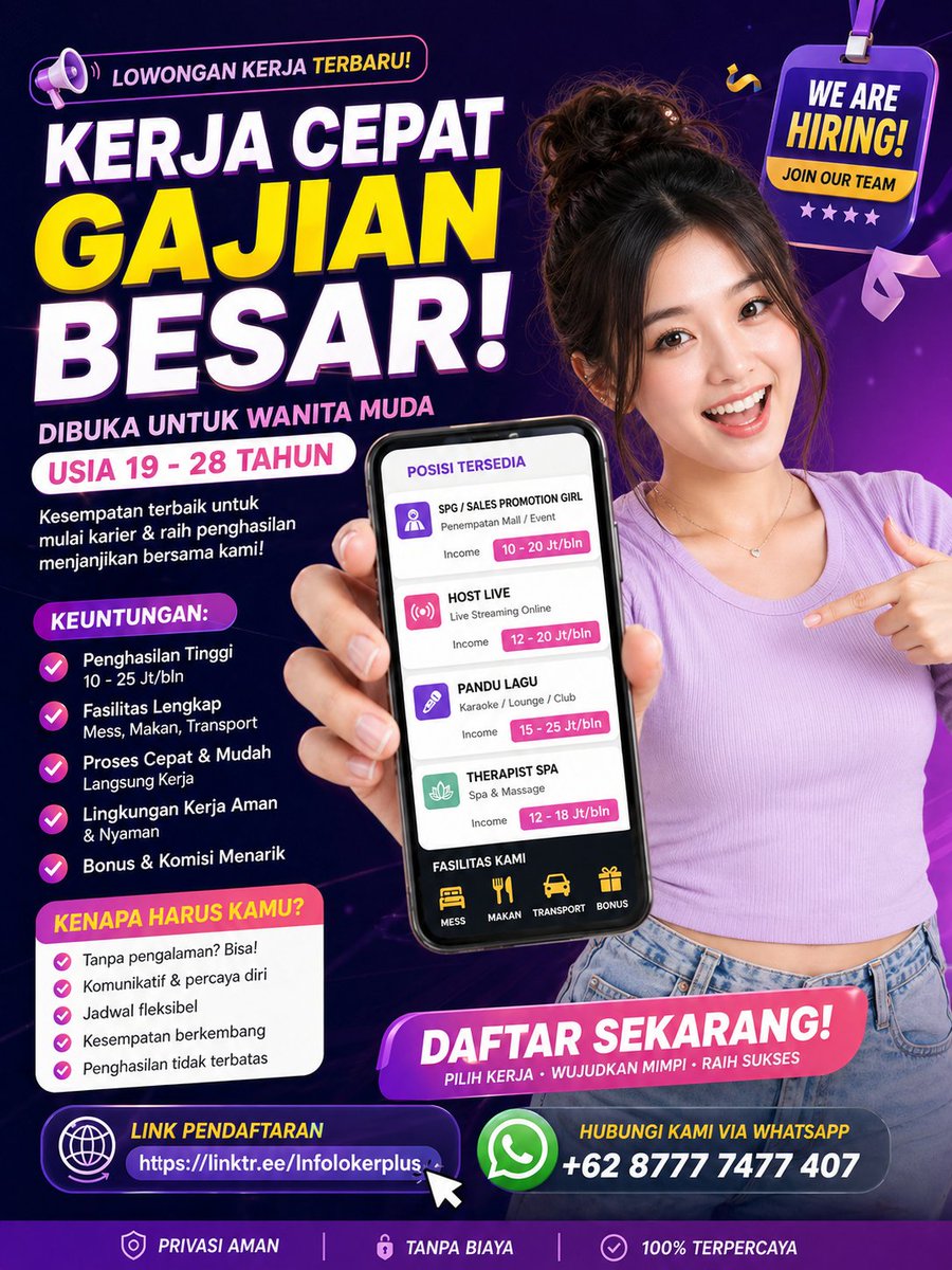 BioEntertaine's tweet image. 🚨 LOWONGAN KERJA TERBARU!
💸 Gaji: Rp 10–25 Jt/bln + bonus &amp;amp; fasilitas lengkap!

✅ Tanpa pengalaman? Bisa!
✅ Langsung kerja, jadwal fleksibel
✅ Aman, nyaman, tanpa biaya

👉 Aplly sekarang:
linktr.ee/Infolokerplus

@tewewewgejligh #job #loker #karir
@SPGeventMNG @lokerdotid