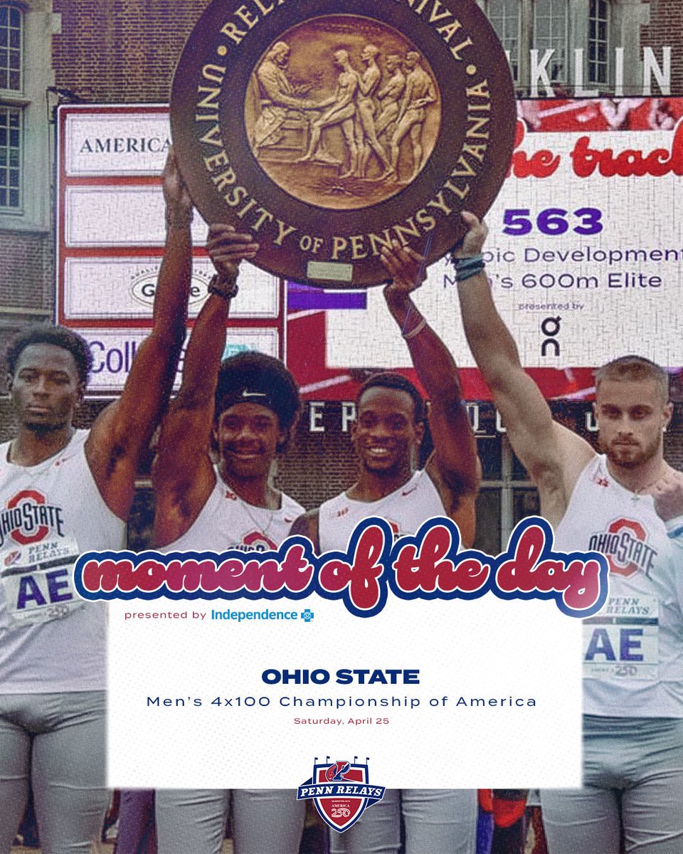 pennrelays's tweet photo. Our Moment of the Day presented by @IBX goes to @OhioStateTFXC, who took home the College Men’s 4x100 Championship of America for the first time since 1932 🤯 https://t.co/5Es4rsUD6B