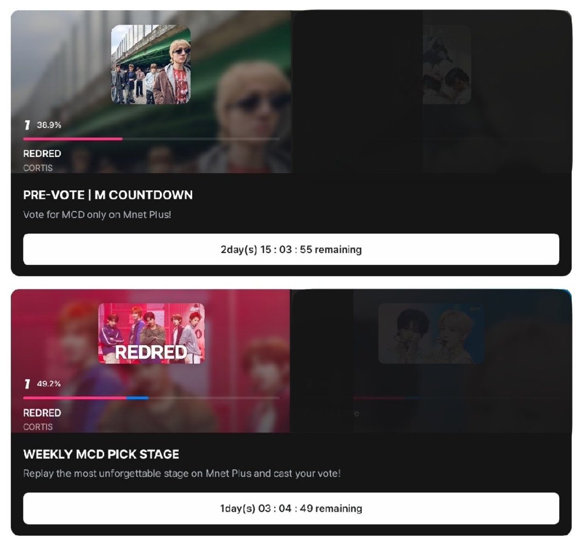 coer, we’re currently in 1st place for mcountdown pre-voting and the weekly mcd pick stage. we really need to widen the gap and secure the win, so please take a moment to vote if you haven’t yet.

voting for the weekly mcd pick stage closes tomorrow at 11.59 pm (kst), and