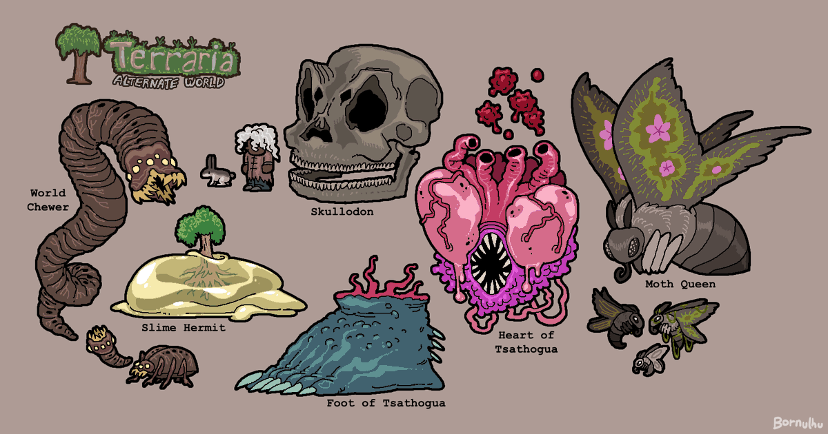 Been playing a bunch of terraria again. So felt like doodling some fun lil thangs. Alternate made up versions of bosses and stuff
