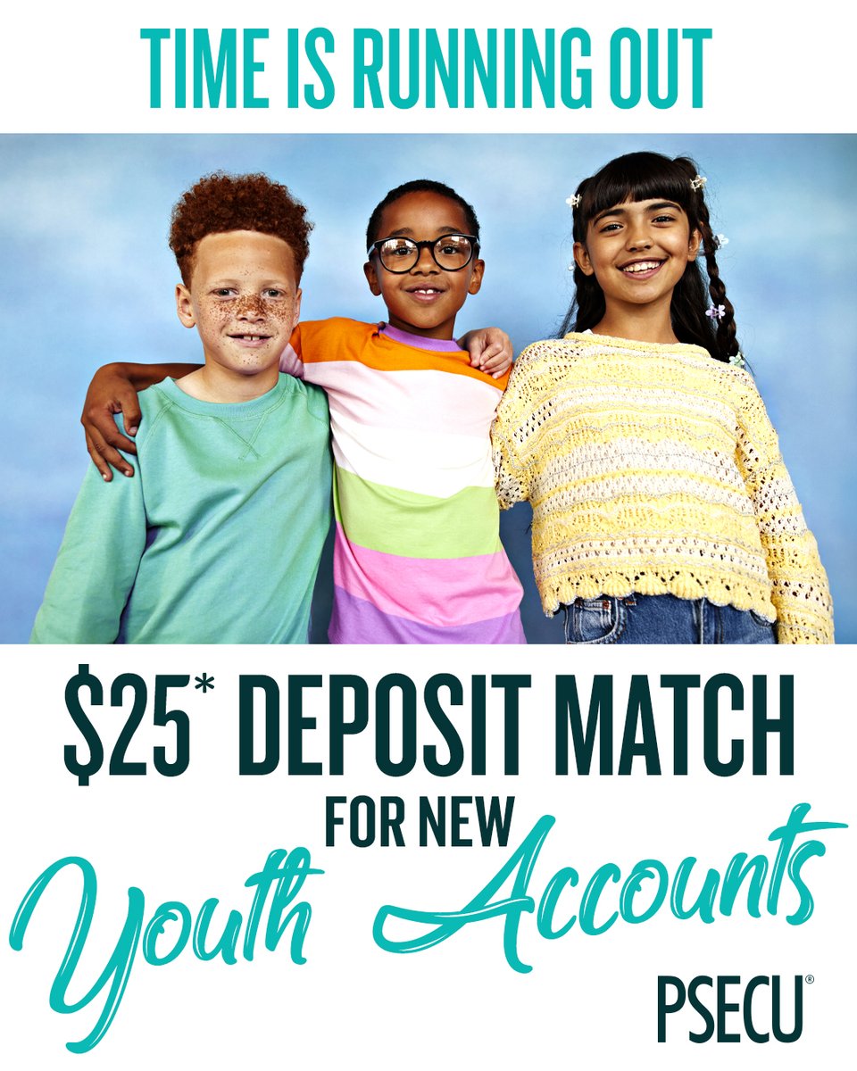 PSECU's tweet photo. Last chance to earn 4.00% APY** on the first $500 and receive a deposit match of up to $25 when you open a Youth Savings Account. Insured by NCUA. See full terms and conditions at https://t.co/nwb35fziOE. 

#YouthMonth #YouthSavings #CashBonus #FinancialLiteracyMonth https://t.co/a2mQDnKLMJ
