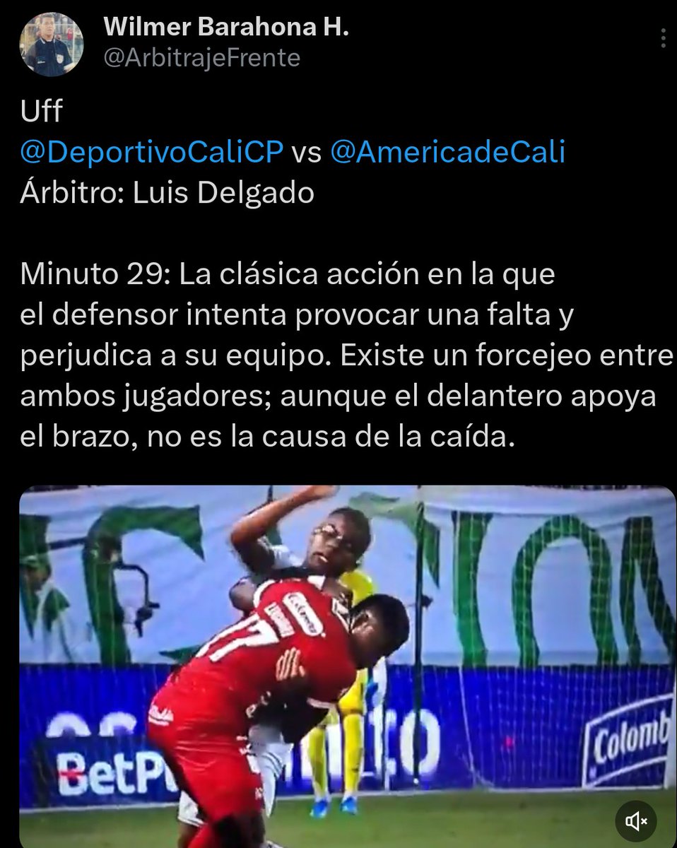 Para <a href="/ArbitrajeFrente/">Wilmer Barahona H.</a> NO es falta la acción que termina en Gol de Jan Lucumi de <a href="/AmericadeCali/">América de Cali</a> ante <a href="/DeportivoCaliCP/">Deportivo Cali</a> 
#DeportesSinTapujos