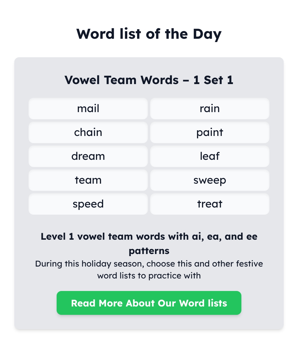 spellme_app's tweet image. Today's Wordlist of the Day features 'Vowel Team Words – 1 Set 1' with ai, ea, and ee patterns. A great tool for parents and homeschoolers to support children with dyslexia or those needing extra practice. #VowelTeams #Dyslexia #Homeschool