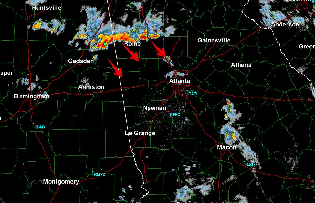 AtlantaSevereWx's tweet image. This cell near Rome was issued a special weather statement for 40mph wind and small hail. But... the HRRR thinks it breaks up before it washes out the @Braves game. 🤞 We're watching it.  #atlanta #weather