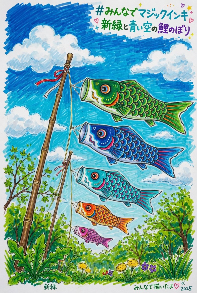 みんなでマジックインキ 新緑と青い空の鯉のぼりの絵を描こう。