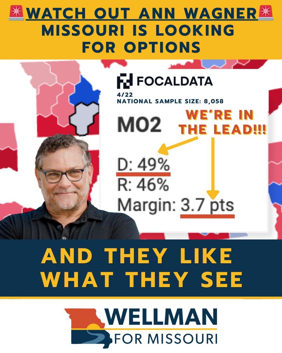 WellmanForMO's tweet image. 🚨 BREAKING 🚨
Democrats are +4 in #MO02 (via FocalData).
33 straight years of GOP control, and now our district is in play.
Ann's getting worried. We're not done yet.
#TeamWellman #Congress #StLouis #Missouri