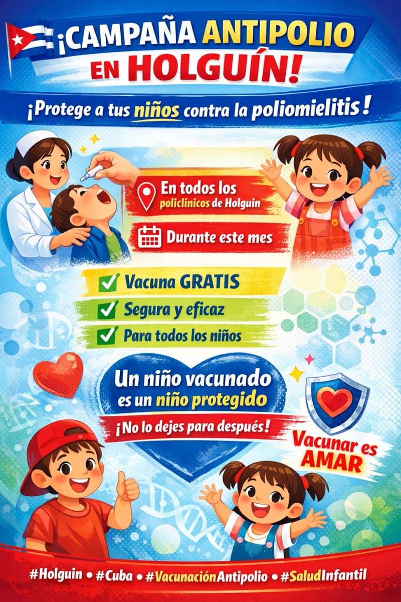 65 CAMPAÑA DE VACUNACIÓN ANTIPOLIOMIELÍTICA ORAL BIVALENTE
💉👶🏻
#Holguín se encuentra lista para iniciar esta jornada por la salud de nuestros niños♥️♥
#HolguinEsSalud
#HolguínSí