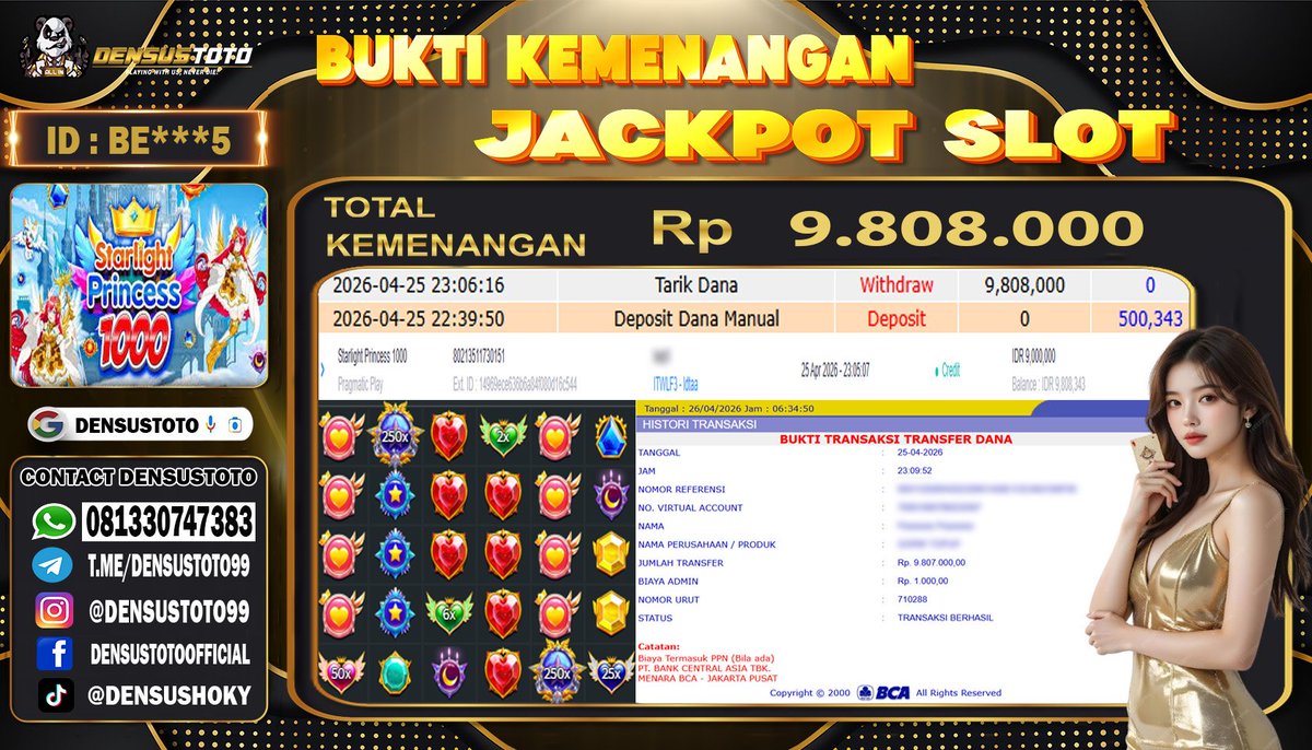DensusTotoVIP's tweet image. SELAMAT KEPADA MEMBER DENSUSTOTO YANG SUDAH JP MINGGU, 26 APRIL 2026

PERMAINAN : STARLIGHT PRINCESS 1000
PROVIDER :  PRAGMATIC PLAY
TOTAL WD : RP. 9.808.000
BANK : GOPAY

#buktijpdensustoto #densustoto #Slotgacor #mahjongways #togelonline #daftardensustoto #linkgacor
