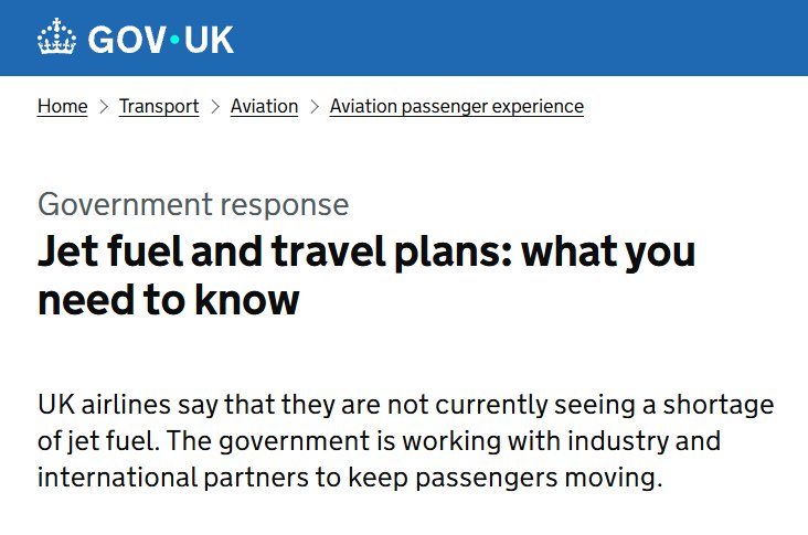 🇬🇧รัฐบาลอังกฤษ ยืนยัน สายการบินต่างๆ ไม่ได้ประสบปัญหาการขาดแคลนน้ำมัน เพราะต้องซื้อล่วงหน้าอยู่แล้ว

🔻ย้ำสายการบินจะต้องบินตามตาราง-Slot ที่ขอไว้ไม่น้อยกว่า 80% ถ้าทำไม่ได้ จะตัด Slot ไปให้สายอื่น

🔻แต่หากเที่ยวบินยกเลิก ผดส.ต้องได้เงินคืนเต็มจำนวนหรือจองตั๋วเที่ยวบินอื่นทดแทน