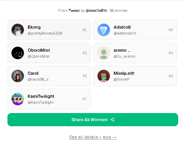 skellieEth's tweet photo. @Driftersnft_ @tahaflipo Winners :
@prettyMoney5329 GTD
@Adelcollnft GTD
@OboroMist FCFS
@0x_aremo FCFS
@carol98_c FCFS 
@SlmieP FCFS
@KamiTwilight FCFS https://t.co/yD0gm4BqkV