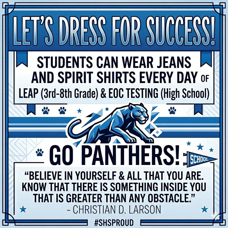 HighStanley's tweet photo. State Testing starts Monday, April 27 for our 3rd-8th grade Panthers!  Students may wear jeans and spirit shirts any day that they are testing. (See the previous post for all testing dates.)  Let's Go Panthers!!  🐾 https://t.co/oZvXTE2AXq
