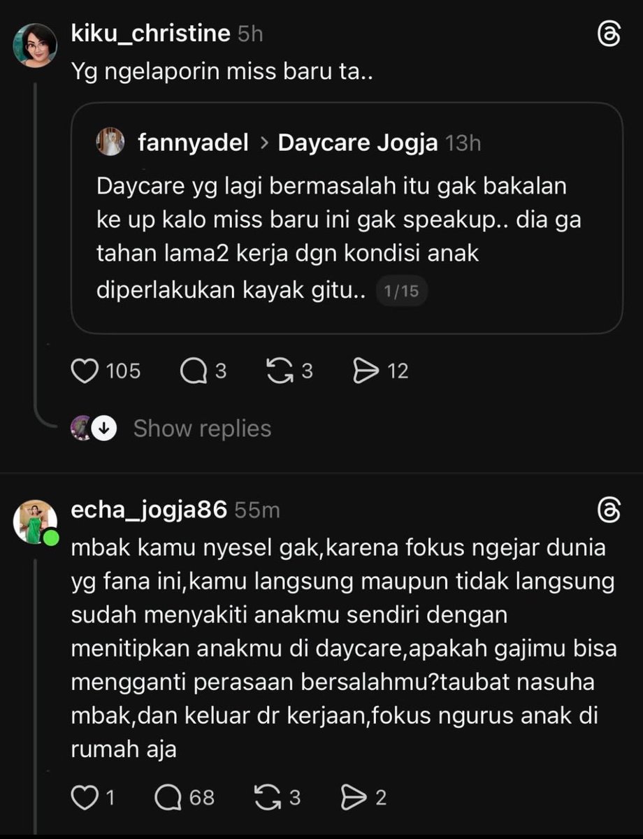 MINIMAL EMPATINYA DANN STOP JADI IBU-IBU PICK ME!!!! 

Kasus daycare di Jogja bikin gw makin sadar: dunia sering terlalu kejam pada sosok “Ibu”. Seolah setiap keputusan seorang ibu untuk anaknya selalu siap dihakimi. “tatapan”, “ucapan” ataupun “komentar” yang dilontarkan oleh