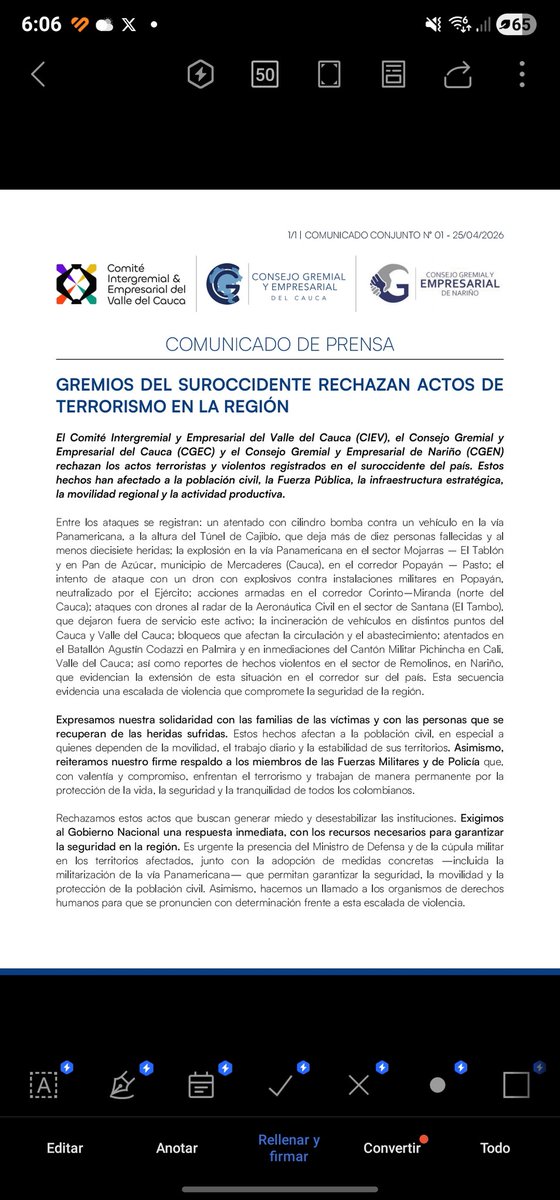 CGECauca's tweet photo. Rechazamos de manera categórica los actos de terrorismo en el suroccidente del país.

Expresamos solidaridad con las víctimas y exigimos al Gobierno Nacional acciones inmediatas para garantizar la seguridad en la región.

#Cauca #ValledelCauca #Nariño

@CGEN_Narino @CIEValle https://t.co/uhxPx50fIZ