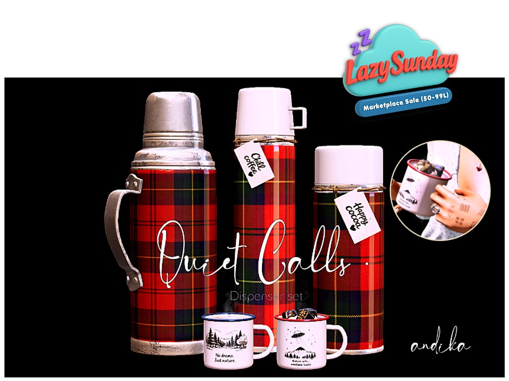 andika0000000's tweet image. A little early peek ♡ Quiet Calls for Lazy Sunday ☕
Cozy thermos set with cocoa &amp;amp; coffee, made for cam
ping but perfect everyday ✧
MP: L$75 (3 days)
marketplace.secondlife.com/p/ADDannika-Qu…

#andika #LazySunday #SecondLife #andikaMarketplace