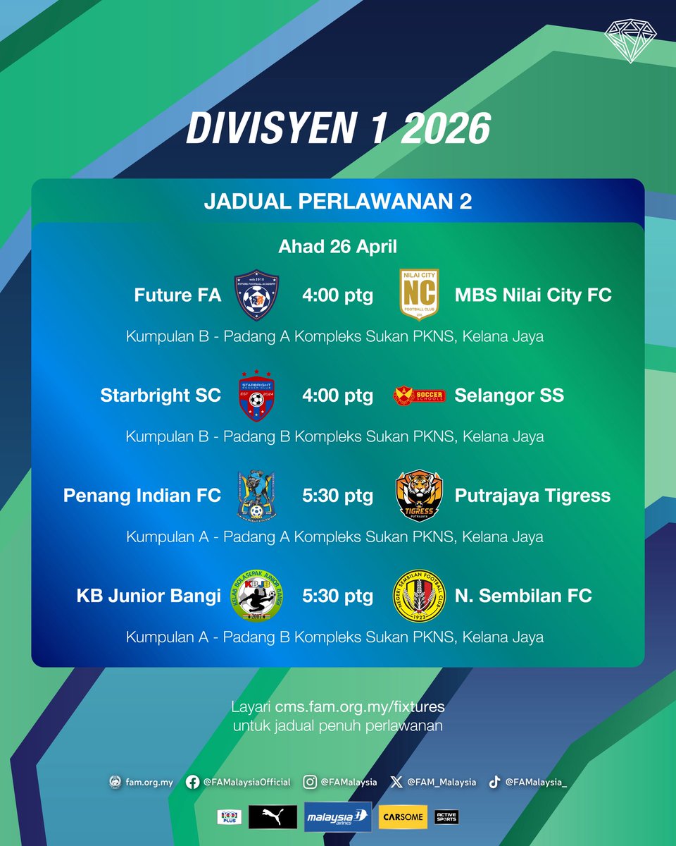 FAM_Malaysia's tweet image. Hari Perlawanan 2 | Liga Puteri Divisyen 1 2026

⚽️Kumpulan A &amp;amp; B
🗓️ Ahad, 26 April 2026
🏟️ Kompleks Sukan PKNS, Kelana Jaya

#FAM #HarimauMalaya #LigaPuteriDiv12026